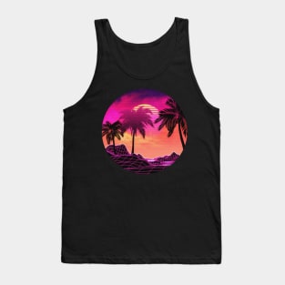 Pink vaporwave landscape with rocks and palms Tank Top